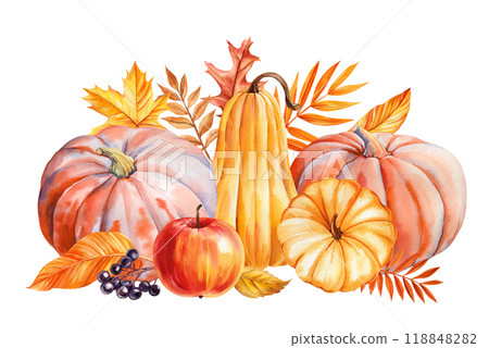 Pumpkins, apple, leaves isolated background, watercolor painting fall illustration, Festive holiday decorations clip art Pumpkins, apple, leaves isolated background, watercolor painting fall illustration, Festive holiday decorations clip art 118848282