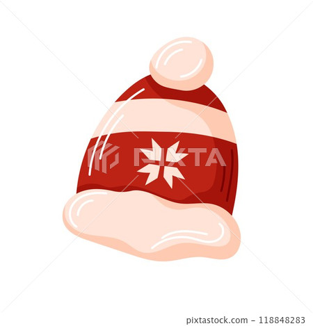 Red winter hat with a snowflake design and white fluffy trim in cartoon style. Design for Christmas, winter fashion and seasonal decoration in festive holiday project. Red winter hat with a snowflake design and white fluffy trim in cartoon style. Design for Christmas, winter fashion and seasonal decoration in festive holiday project. 118848283