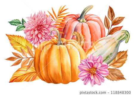 Pumpkins, dahlia flowers and leaves isolated, watercolor painting fall illustration Festive holiday decorations clip art Pumpkins, dahlia flowers and leaves isolated, watercolor painting fall illustration Festive holiday decorations clip art 118848300