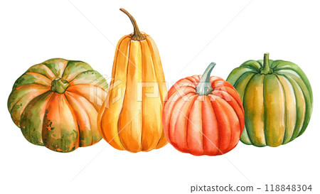 Colorful Pumpkins isolated white background, watercolor painting fall illustration, Festive holiday decorations clip art Colorful Pumpkins isolated white background, watercolor painting fall illustration, Festive holiday decorations clip art 118848304