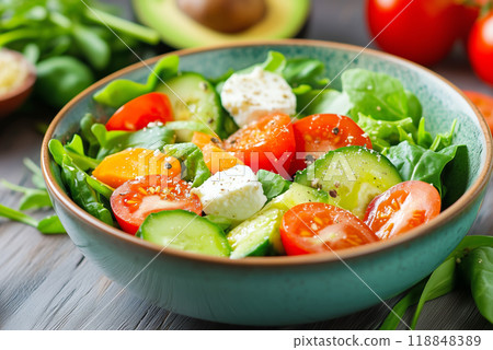Fresh salad with tomatoes, cucumber, feta, and spinach 118848389