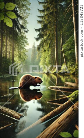 Hardworking beaver drinking water from the lake 118848723
