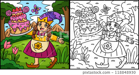 Gnome with Birthday Cake Coloring Illustration 118848930