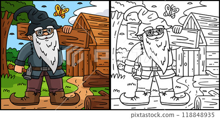 Gnome Carpenter Coloring Page Colored Illustration 118848935