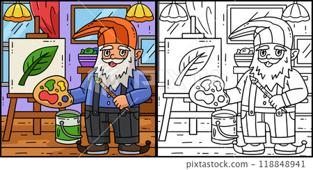Gnome Painting Coloring Page Colored Illustration Gnome Painting Coloring Page Colored Illustration 118848941