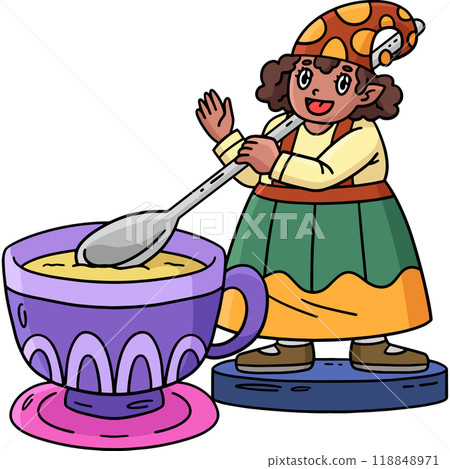 Gnome with a Giant Tea Cup Cartoon Colored Clipart 118848971