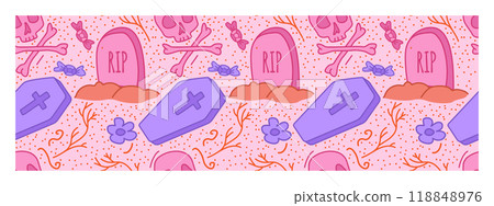 Spooky cute halloween pattern with grave and coffin. Stock vector illustration in cartoon style with outline. Spooky cute halloween pattern with grave and coffin. Stock vector illustration in cartoon style with outline. 118848976