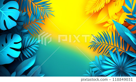 Tropical-inspired banner with copy space, vibrant blue and yellow leaves framing foreground, set against gradient background. Summer or exotic tropical vibe, related to nature, travel, and vacation 118849031