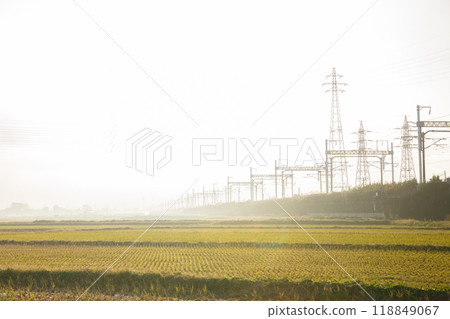 Misty rural landscape with railway lines 118849067