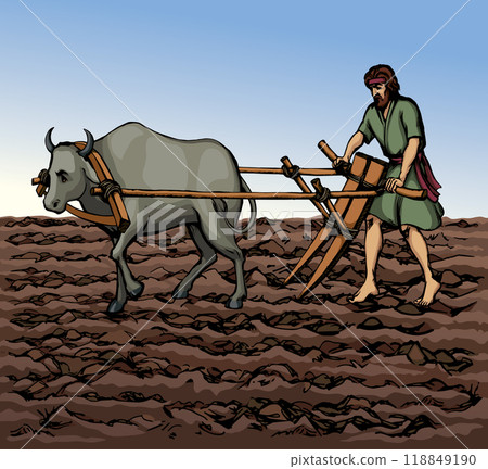 Vector drawing. Old wooden plow 118849190