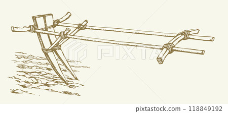 Vector drawing. Old wooden plow 118849192