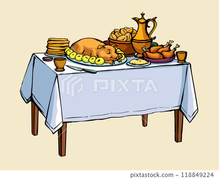 Vector drawing. Tasty feast food 118849224