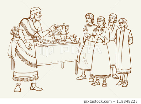 Vector drawing. Daniel and his friends refuse the king's food Vector drawing. Daniel and his friends refuse the king's food 118849225