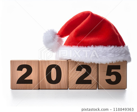 Festive 2025 Wooden Blocks with Santa Hat for Christmas and New Year Celebration Festive 2025 Wooden Blocks with Santa Hat for Christmas and New Year Celebration 118849363