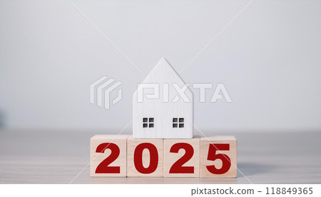 Simple Wooden House Model on 2025 Wooden Blocks with Neutral Background for Real Estate Vision Simple Wooden House Model on 2025 Wooden Blocks with Neutral Background for Real Estate Vision 118849365