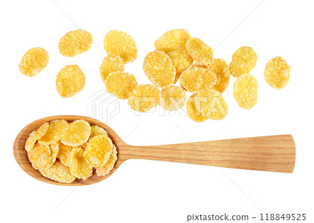 Cornflakes in wooden spoon isolated on white background. Top view. Flat lay 118849525