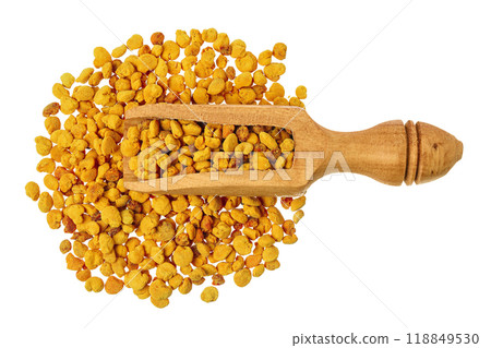 Bee pollen grains in wooden scoop isolated on white background. Top view. Flat lay Bee pollen grains in wooden scoop isolated on white background. Top view. Flat lay 118849530