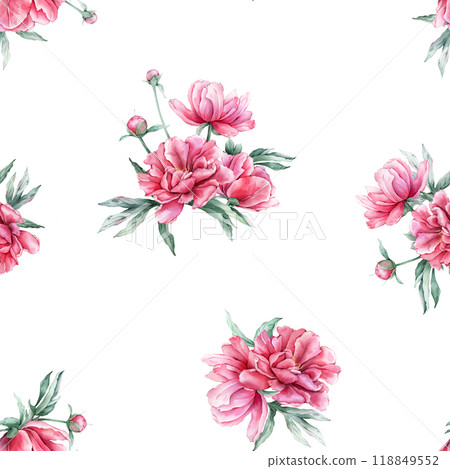 Seamless pattern with watercolor bouquet of pink peony flowers in full bloom. Hand drawn illustration beautiful floral flower. Repeat wallpaper with summer botanical plant on isolated. 118849552