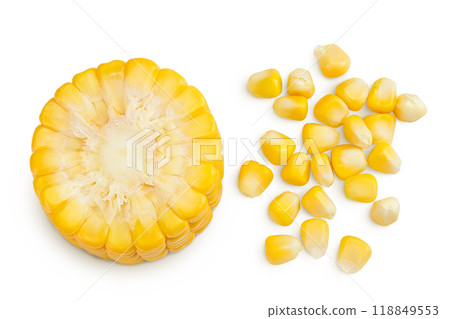 ear of corn isolated on a white background with full depth of field. Top view. Flat lay ear of corn isolated on a white background with full depth of field. Top view. Flat lay 118849553