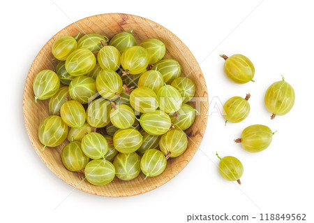 Green gooseberry in a wooden bowl isolated on white background . Top view. Flat lay. Green gooseberry in a wooden bowl isolated on white background . Top view. Flat lay. 118849562