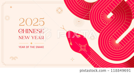 Chinese new year 2025 year of the Snake. Abstract background. Linear geometric red Snake 118849691