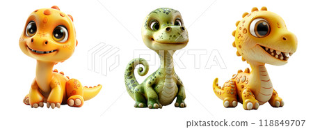 Three cheerful cute dinosaurs with big eyes isolated on transparent, with its playful charm and friendly expression 118849707