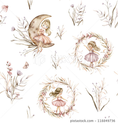 Seamless pattern with young ballerinas and boho plants elegant wreath. Hand drawn illustration girl in pink dress and blond hair sitting on moon. Cute watercolor repeat ornament for baby girl nursery. 118849736