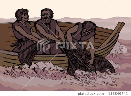 Vector drawing. Three men in the boat 118849741