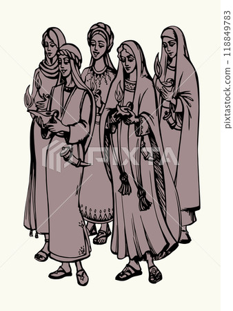 Vector drawing. 5 girls with lamps 118849783
