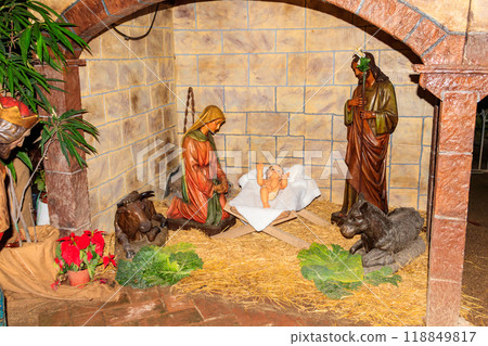 Christmas Nativity Scene. Intricately crafted nativity scene with figurines depicting the birth of Jesus, symbolizing the religious significance of Christmas 118849817