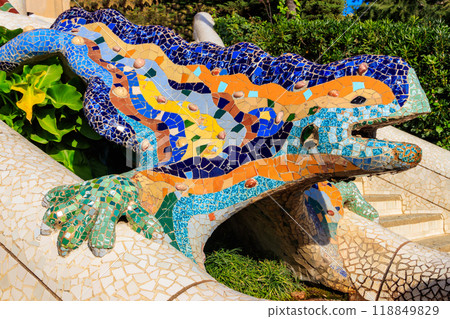 Multicolored mosaic dragon salamander of Gaudi in Park Guell, Barcelona, Spain Multicolored mosaic dragon salamander of Gaudi in Park Guell, Barcelona, Spain 118849829