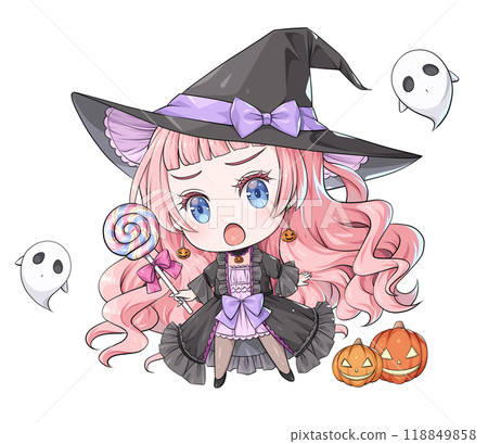 Pink-haired Halloween witch holding a lollipop [Anime-style chibi character] 118849858