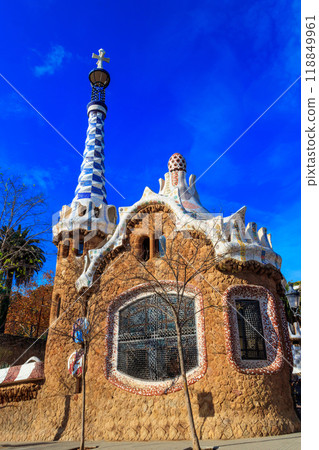 Fairytale gingerbread house in Park Guell designed by Antoni Gaudi in Barcelona, Spain Fairytale gingerbread house in Park Guell designed by Antoni Gaudi in Barcelona, Spain 118849961