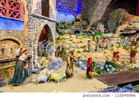 Christmas Nativity Scene. Intricately crafted nativity scene with figurines depicting the birth of Jesus, symbolizing the religious significance of Christmas Christmas Nativity Scene. Intricately crafted nativity scene with figurines depicting the birth of Jesus, symbolizing the religious significance of Christmas 118849966