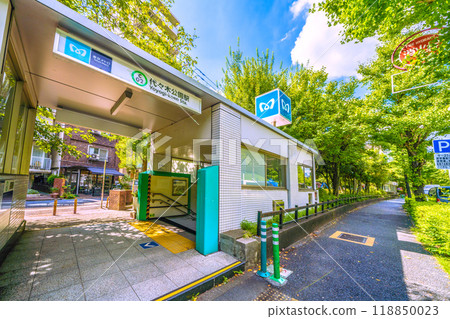 Tokyo cityscape in Japan: View of Yoyogi Park Station on the Tokyo Metro Chiyoda Line in Shibuya Ward, Tokyo Tokyo cityscape in Japan: View of Yoyogi Park Station on the Tokyo Metro Chiyoda Line in Shibuya Ward, Tokyo 118850023
