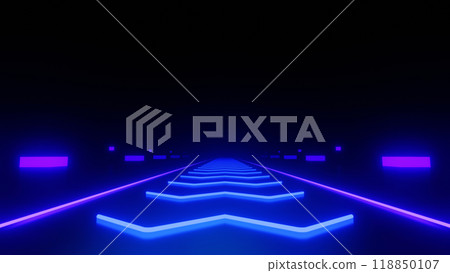 3d Render, Abstract neon purple and blue light speed trails on highway, futuristic and technology hyper warp on dark background. 118850107