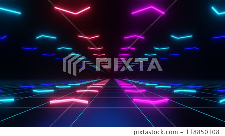 3d Render, Abstract technology neon light track or highway on dark background, futuristic movement trails. 118850108