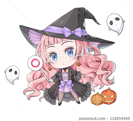 Pink-haired Halloween witch holding a cross-shaped stick [anime-style chibi character] 118850409