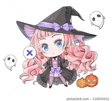 Pink-haired Halloween witch holding a cross-shaped stick [anime-style chibi character] 118850412