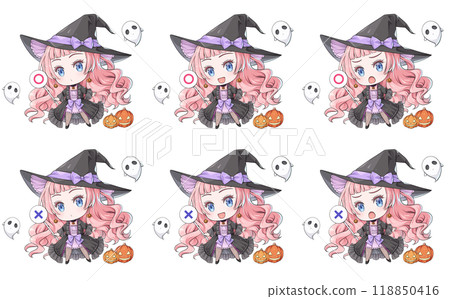 Pink-haired Halloween witch holding a jack-off stick [Anime-style chibi character set] 118850416