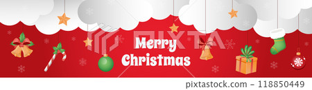 Merry Christmas banner design. Xmas party invitation template with clouds frame, hanging bells with bow, striped candy with holly, balls, gift box, stocking, stars and snowflakes. Vector illustration. Merry Christmas banner design. Xmas party invitation template with clouds frame, hanging bells with bow, striped candy with holly, balls, gift box, stocking, stars and snowflakes. Vector illustration. 118850449