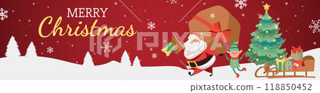 Merry Christmas banner design. Xmas party invitation template with Santa Claus holding huge gift bag, cute elf, fir tree, sleigh with gift boxes, winter forest and snowflakes fly. Vector illustration. Merry Christmas banner design. Xmas party invitation template with Santa Claus holding huge gift bag, cute elf, fir tree, sleigh with gift boxes, winter forest and snowflakes fly. Vector illustration. 118850452