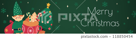 Merry Christmas banner design. Xmas party invitation template with festive pine tree with balls, cute elf, gift bag, cocoa cup with gingerbread and striped candies, snowflake fly. Vector illustration. 118850454