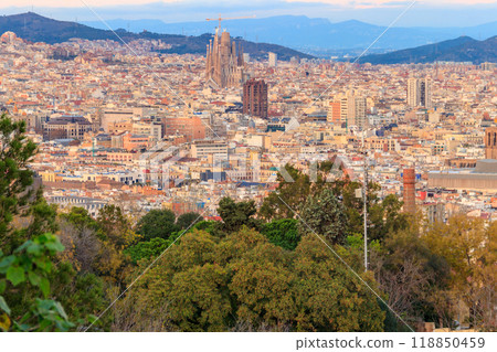 View of Barcelona city from the mountain Montjuic in Catalonia, Spain 118850459