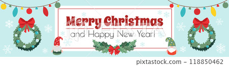 Merry Christmas banner design. Xmas party invitation template with pine branches wreath with red bows, garlands with balls and toys, holly, cute gnomes in hats, snowflakes fly. Vector illustration. 118850462