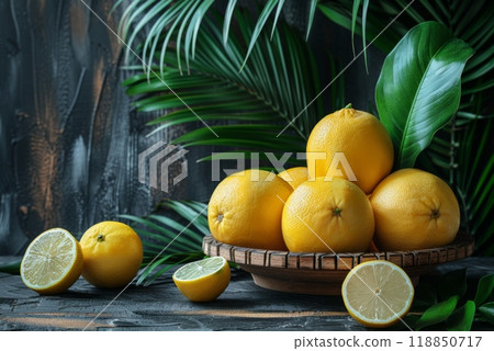 Sukkot holiday symbols etrog, palm branches, myrtle on table 118850717