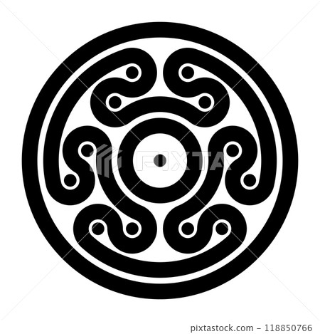 Looped ribbon motif in Minoan style of Ancient Greece. A multiple curved band with black dots surrounded by a bold border. Found on Mycenaean gold ornament, engraved on gold discs from about 1350 BC. 118850766