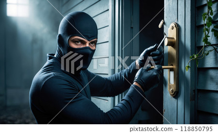 Burglar Attempting to Pick Lock on Door at Night 118850795