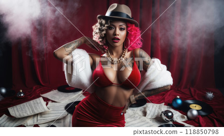 Confident Singer in Retro Glamorous Style with Music Notes and Records 118850798