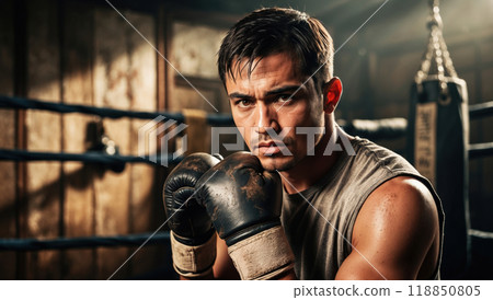 Determined Male Boxer in Training with Gloves in a Vintage Gym 118850805